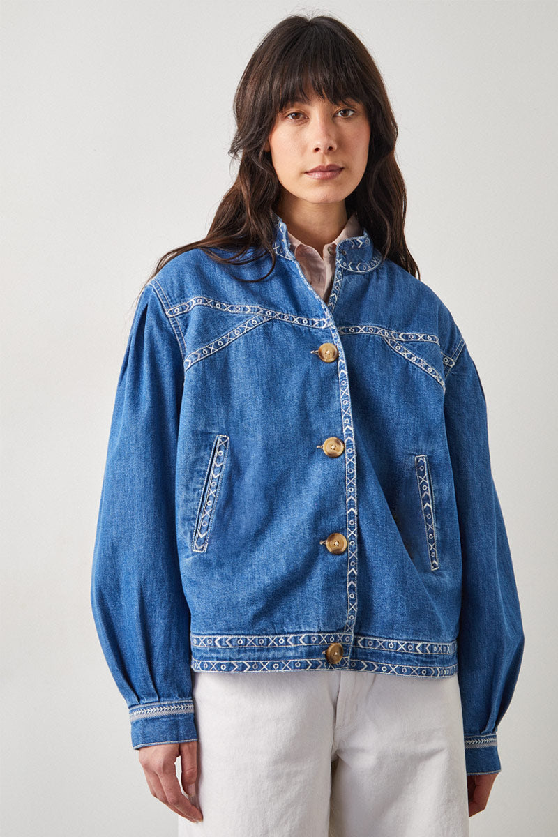 Renia Denim Embroidered Bomber Jacket