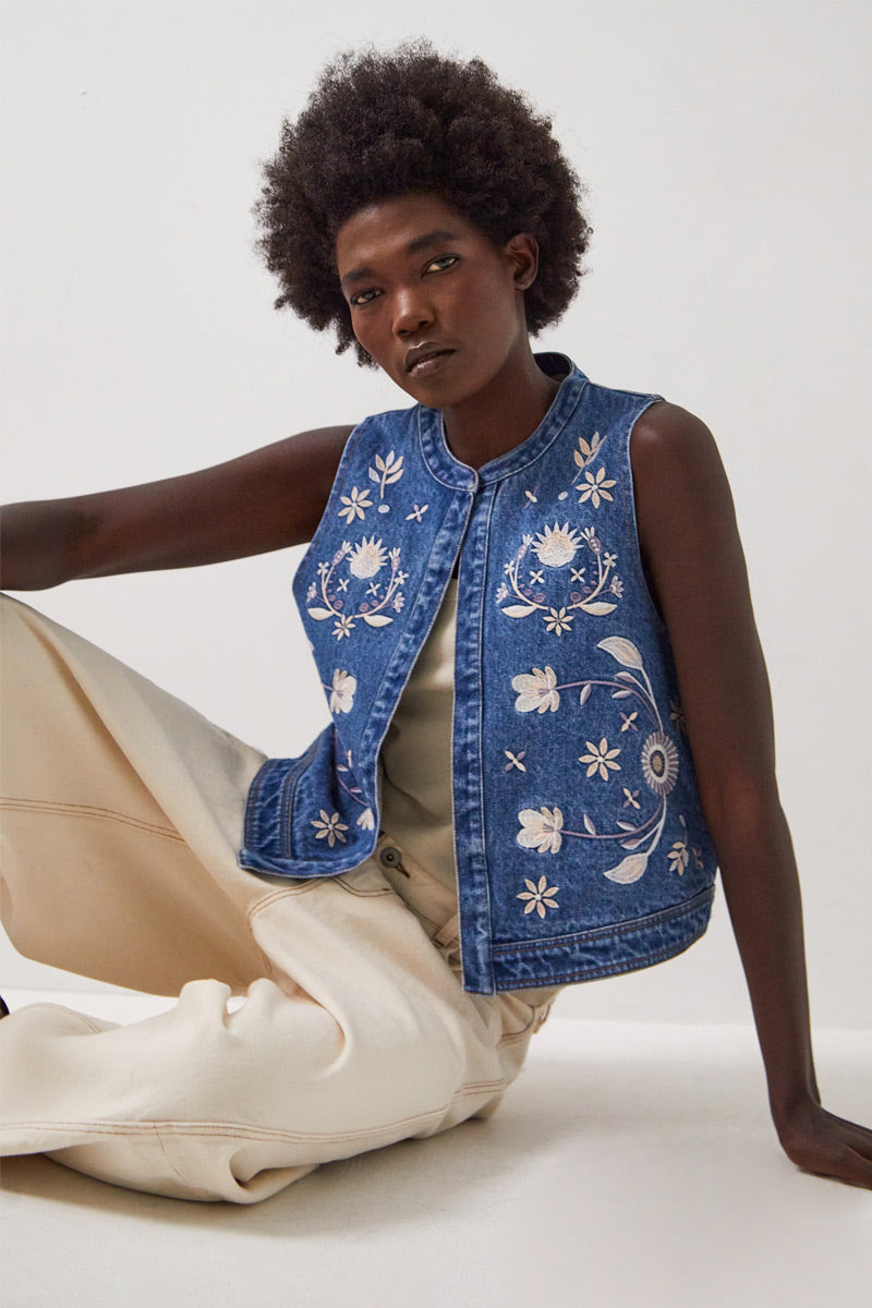 Rosana Embroidered Denim Gilet