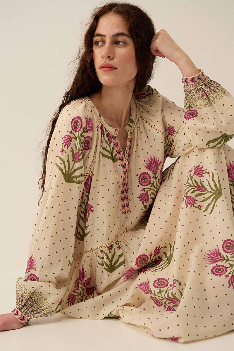 Roza Hand-Woodblock Floral Cotton Dress