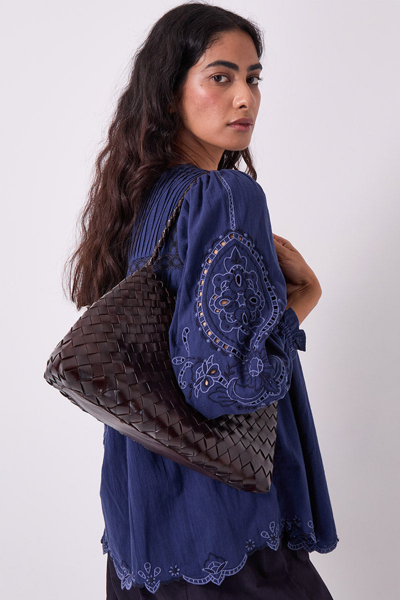 Selina Woven Leather Shoulder Bag Espresso