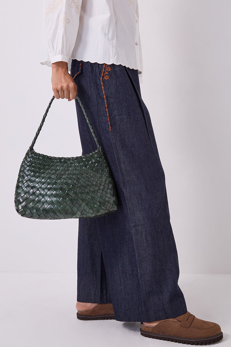 Selina Woven Leather Shoulder Bag Green