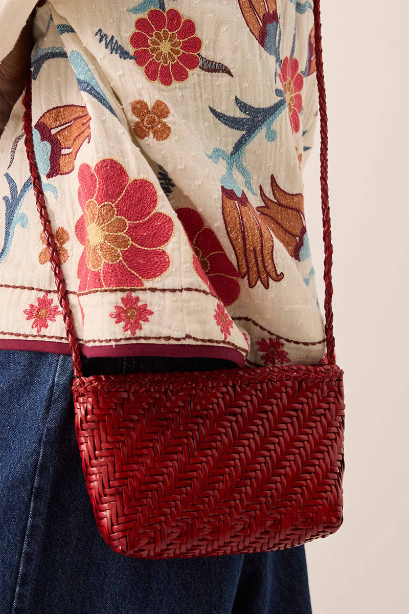 Sia Red Woven Leather Crossbody Bag