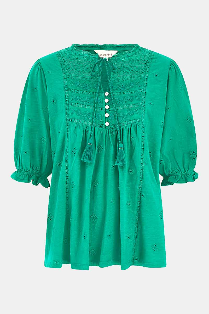 Andrea Embroidered Green Cotton Jersey Top