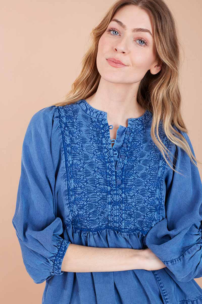 Model wearing Cinzia Denim Cotton Embroidered Top by East.co.uk