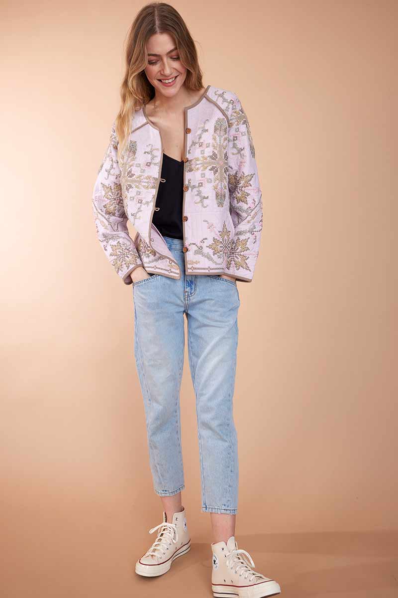 Lily Lilac Cotton Jersey Embroidered Quilted Jacket east.co.uk