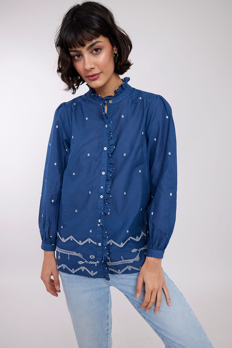 Model wearing Petra Navy BCI Cotton Embroidered Blouse by East.co.uk