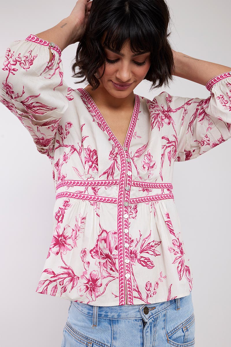 Model wearing Philomena Floral Organic Cotton Top by East.co.uk