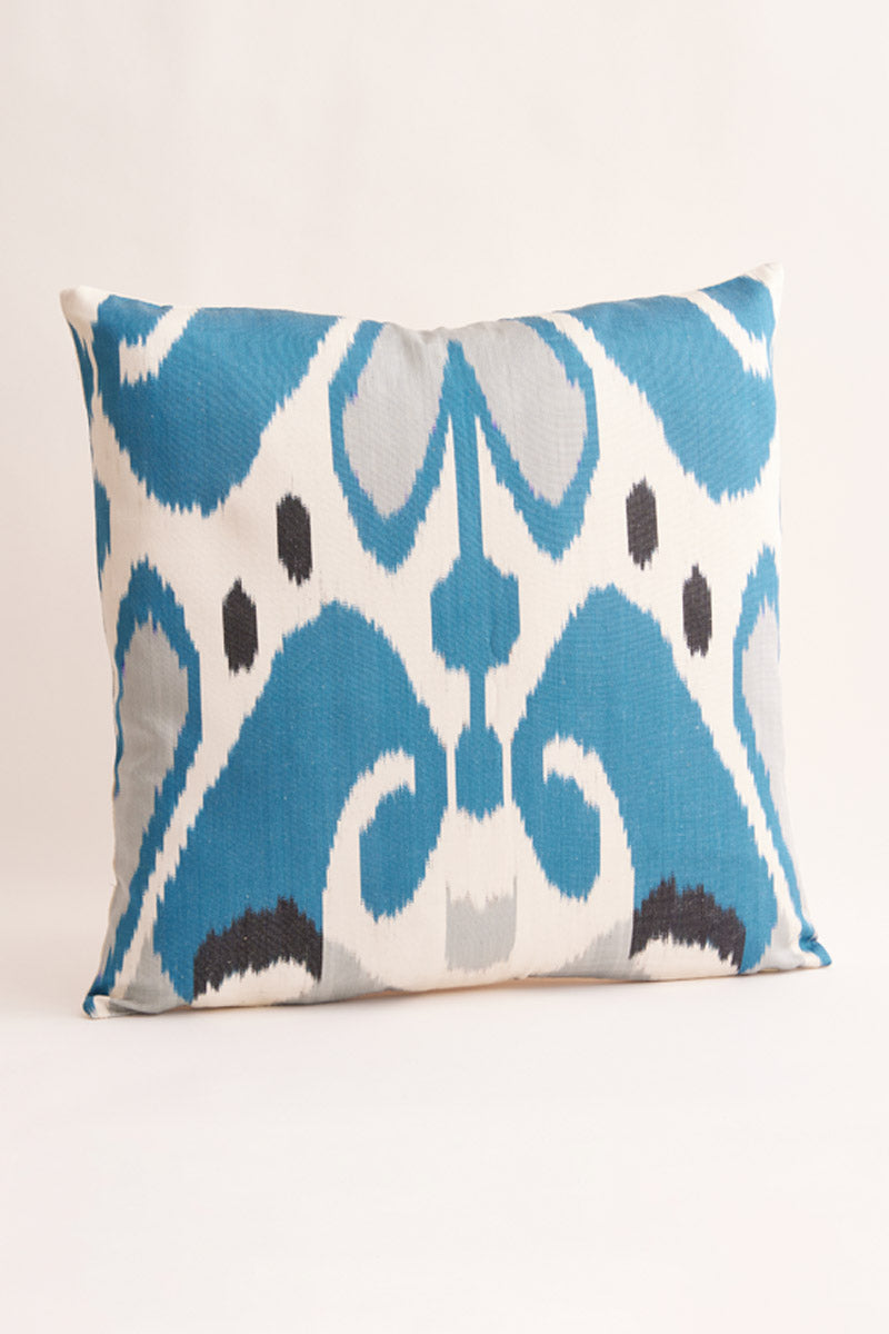 Ikat Blue Silk Square Cushion Cover by East.co.uk