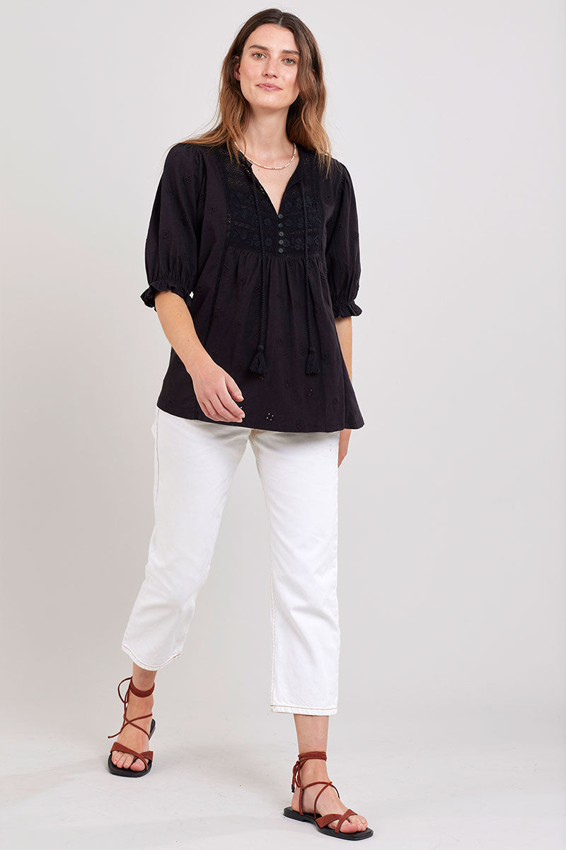 Andrea Embroidered Black Cotton Jersey Top