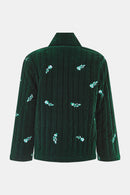 Back shot of Aneesa Quilted Velvet Green Embroidered Jacket by east.co.uk