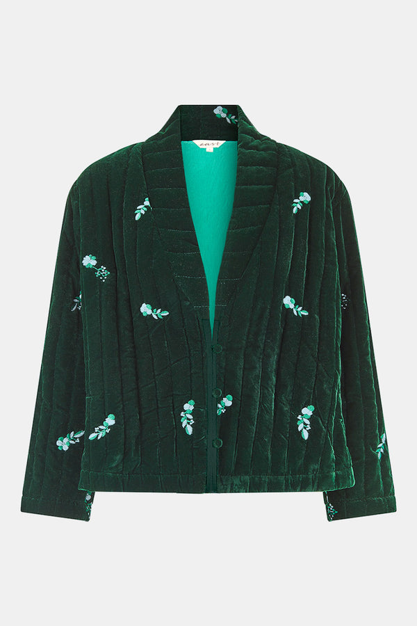 Front shot of Aneesa Quilted Velvet Green Embroidered Jacket by east.co.uk