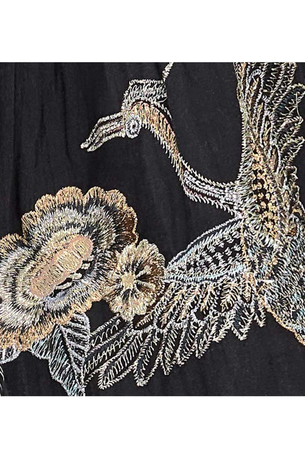 EAST Beverley Embroidered Bird Dress. Detail shot of silver and gold bird embroidery.