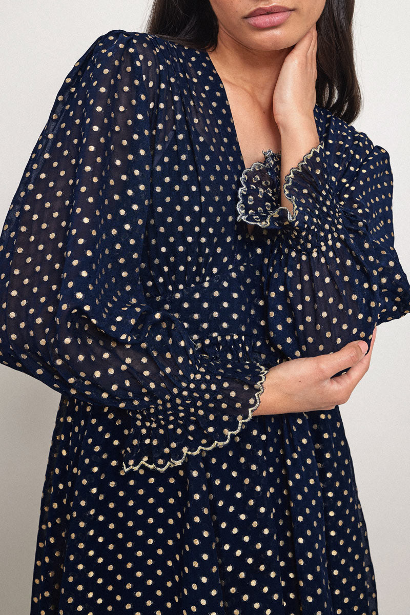Model wears East Heritage Polina Gold Spot Dress.