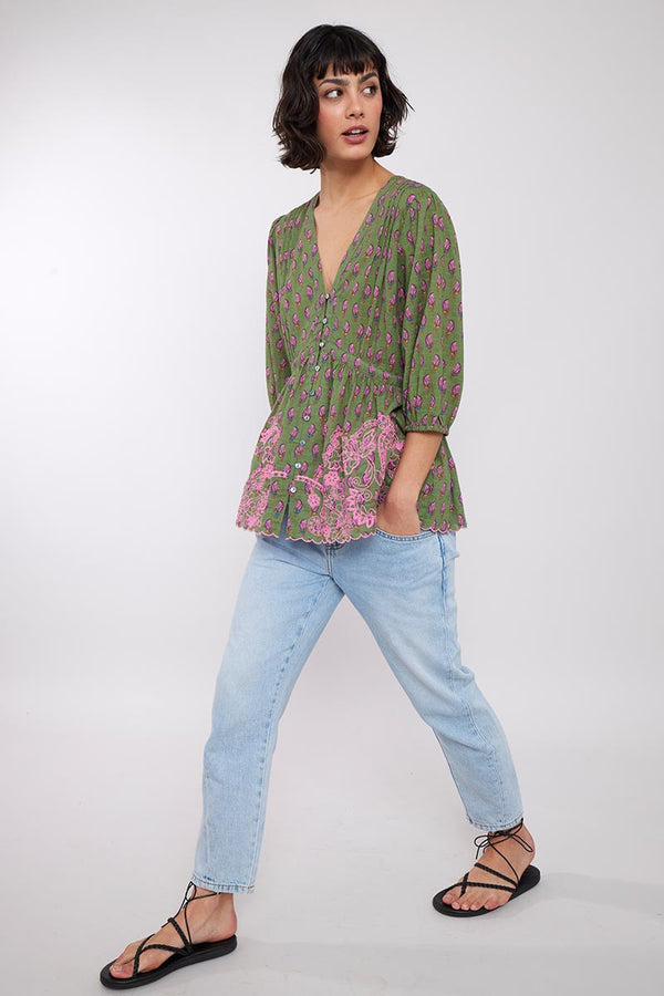 Harriet Green Cotton Embroidered Blouse