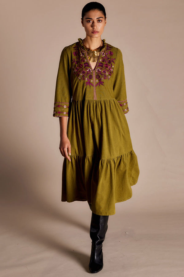 Janelle Cotton Corduroy Embroidered Dress