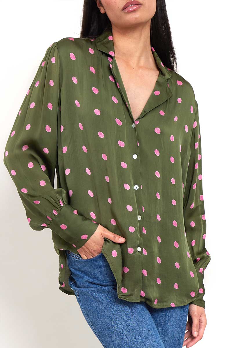 Model wears East Heritage Jenny Green Satin Shirt