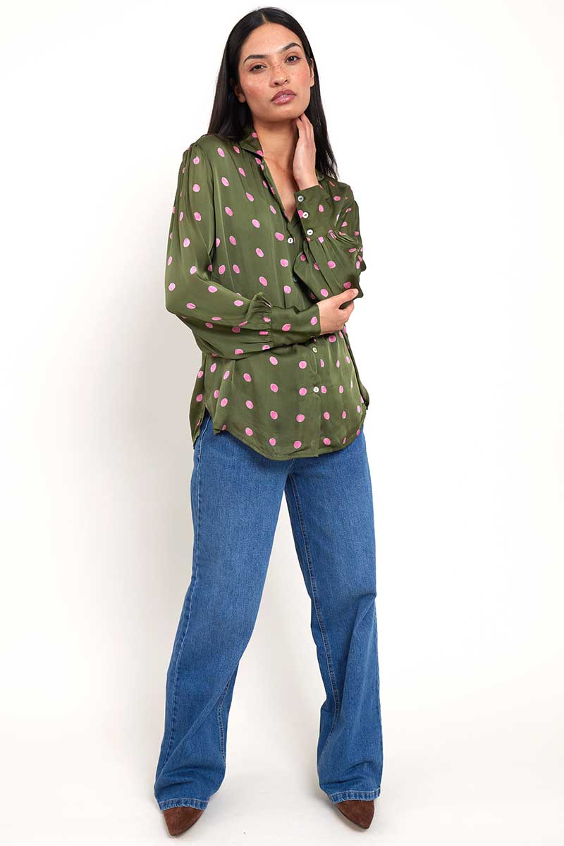 Model wears East Heritage Jenny Green Satin Shirt