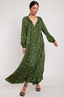 Model wears Kamara Khaki Spot Satin Dress by east.co.uk