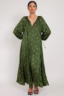 Model wears Kamara Khaki Spot Satin Dress by east.co.uk