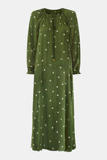 Front view of Kamra Khaki Spot Print Dress by east.co.uk