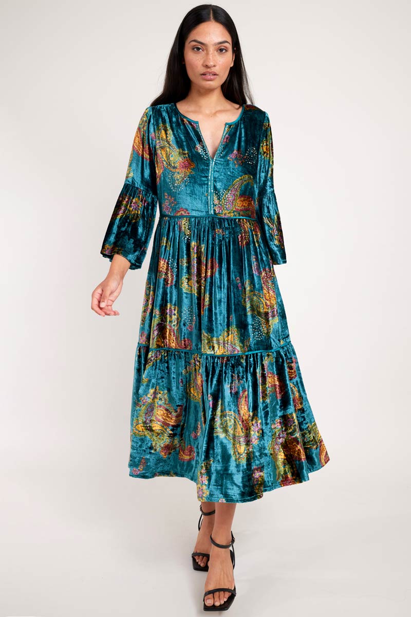 Lucielle Teal Printed Velvet Dress – east.co.uk