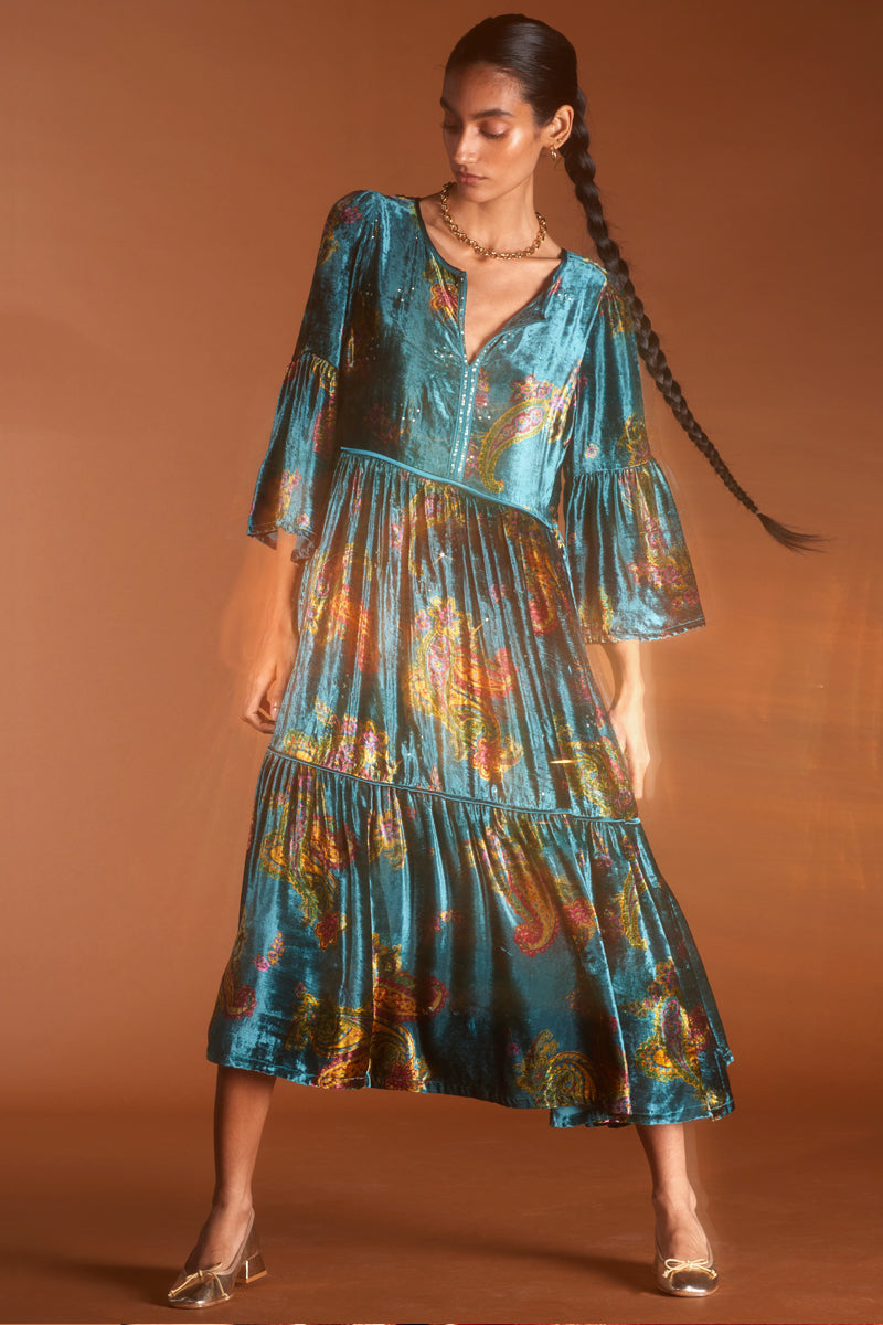 Lucielle Teal Printed Velvet Dress