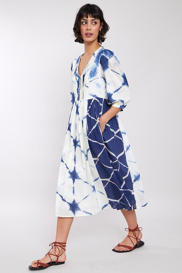 Model wearing Nevina BCI Cotton Tie-Dye Dress by East.co.uk
