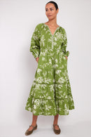 Model wears Philomena Matcha Organic Cotton Dress by east.co.uk
