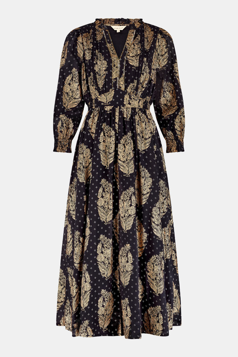 Front shot. East Silvia gold foil dress