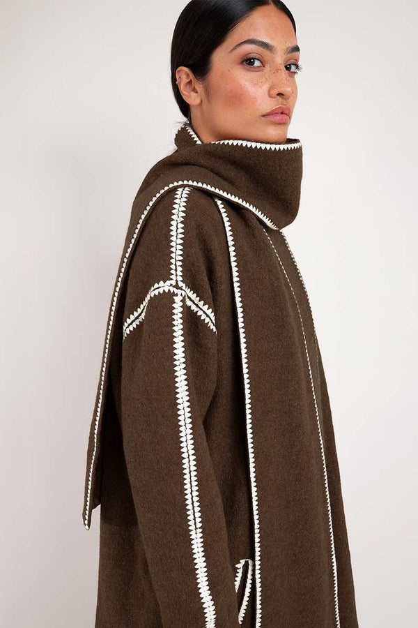 Tiana Embroidered Scarf Wool Coat