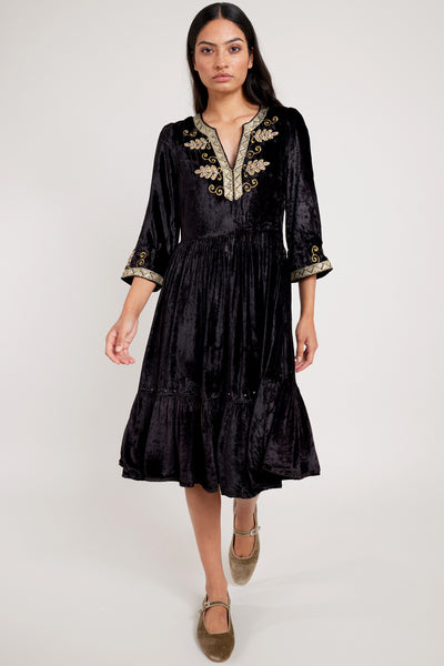 Daniella Black Velvet Embroidered Dress