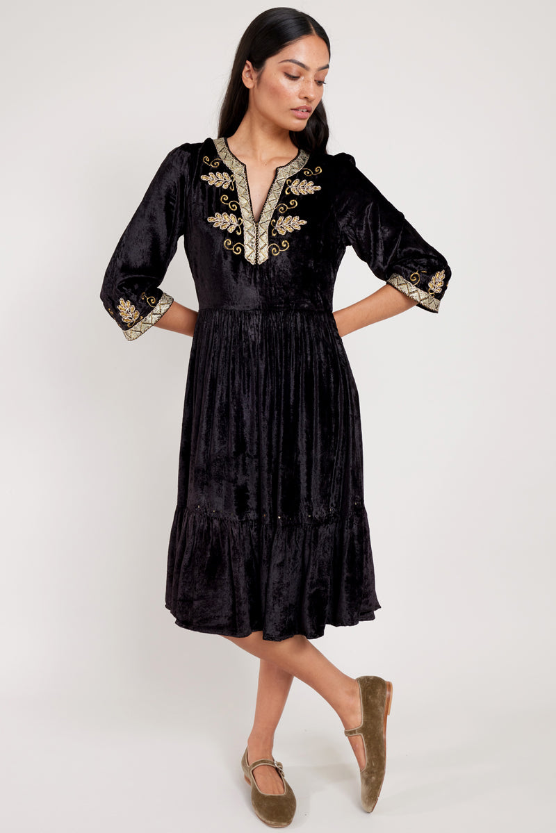 Daniella Black Velvet Embroidered Dress east.co.uk