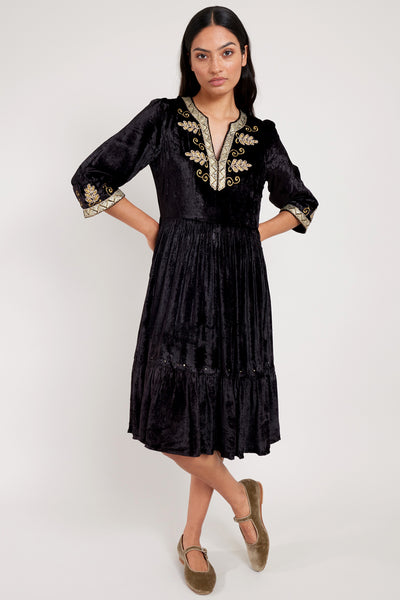 Daniella Black Velvet Embroidered Dress