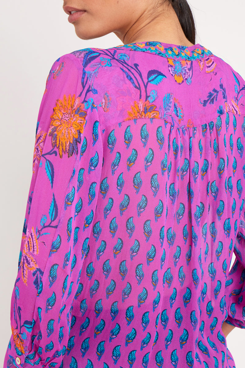 Model wears Hettie pink georgette pintuck top by east.co.uk