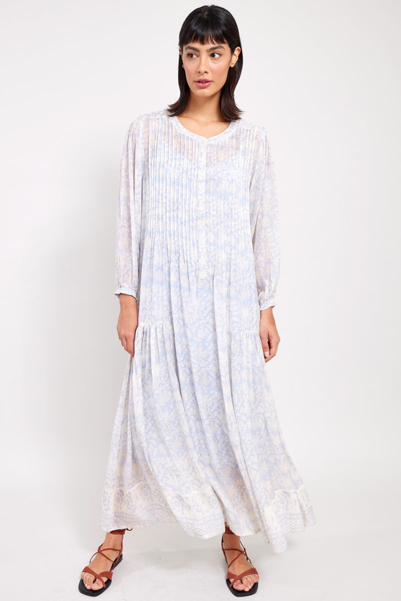 Model wears East Heritage Akari Blue Tiered Dress