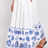 Close up of model wearing East Heritage Harlow White Organic Cotton Skirt
