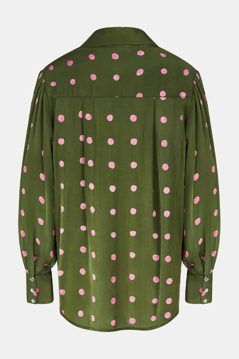 Back shot of East Heritage Jenny green spot print blouse