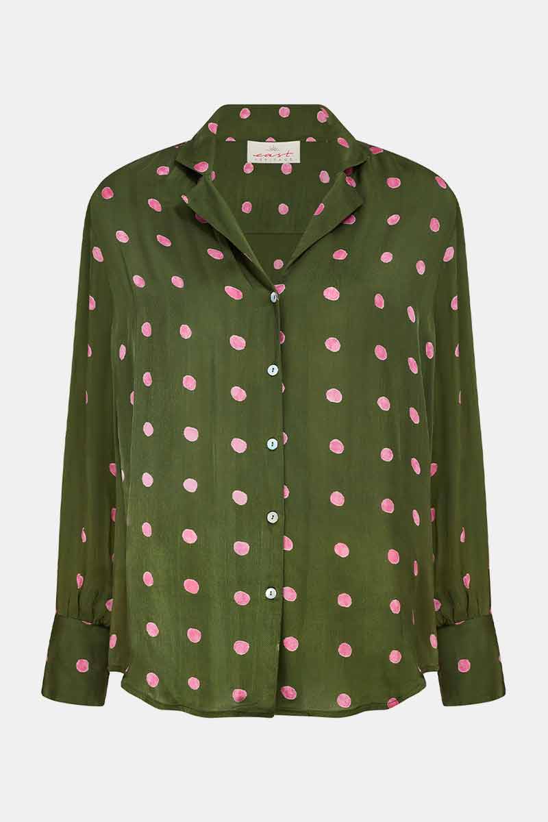 Front shot of East Heritage Jenny green spot print blouse