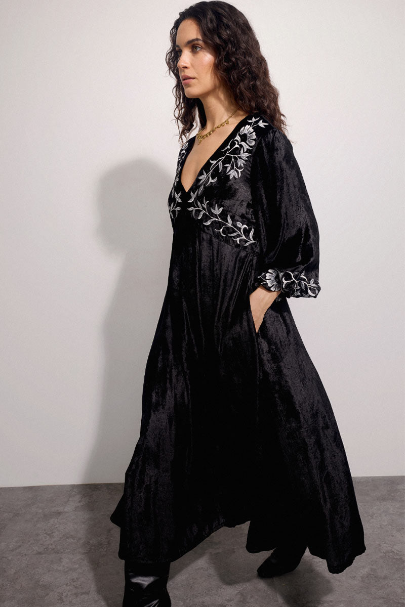 Bibi Embroidered Velvet Maxi Dress