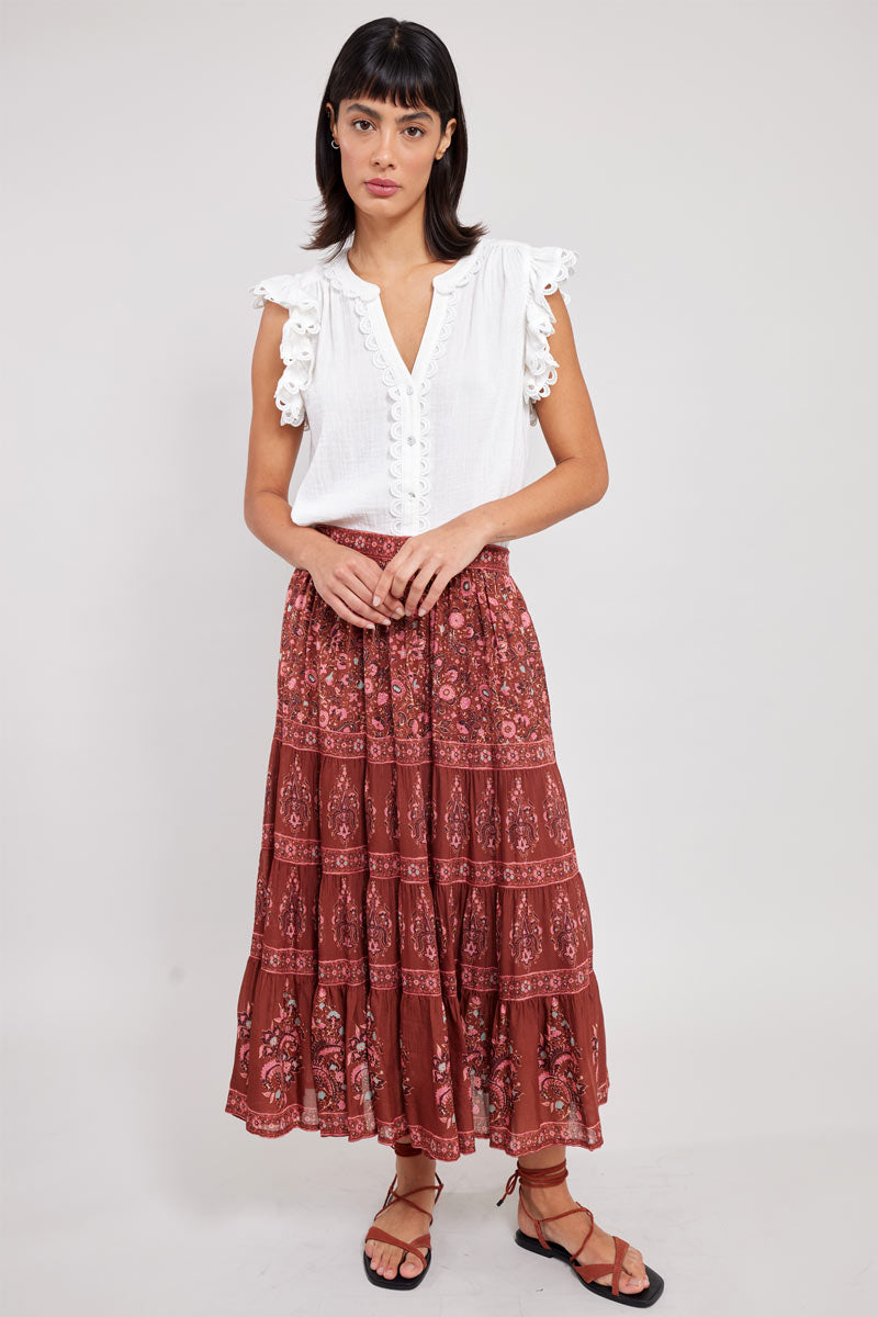 Model wears East Elaine Floral Skirt with East Heritage Hera White Top