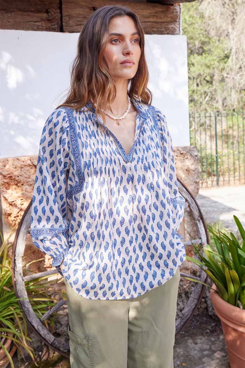 Model wears Faith Blue Organic Cotton Top