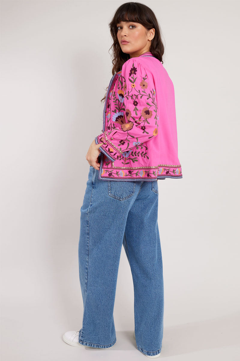 Model wears East Hot Pink Embroidered Jacket, back view