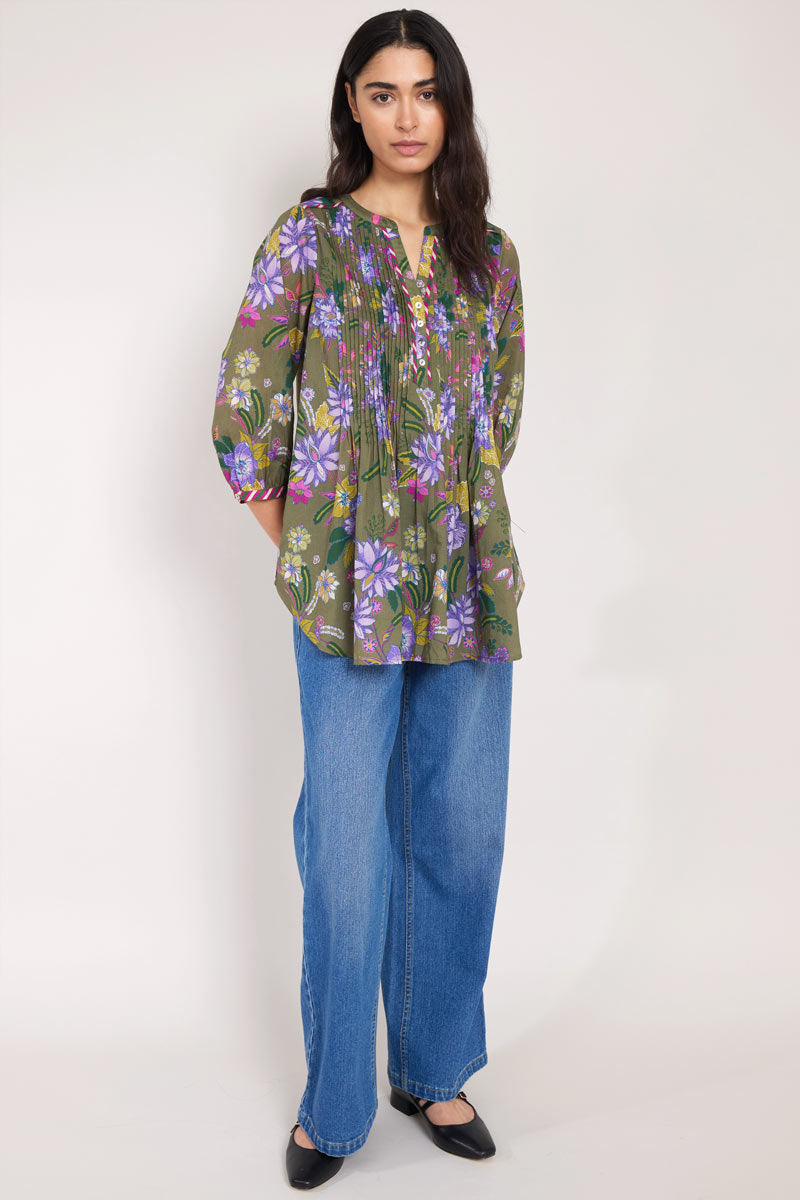 front shot of model wearing Ophelia Floral Pintuck Blouse