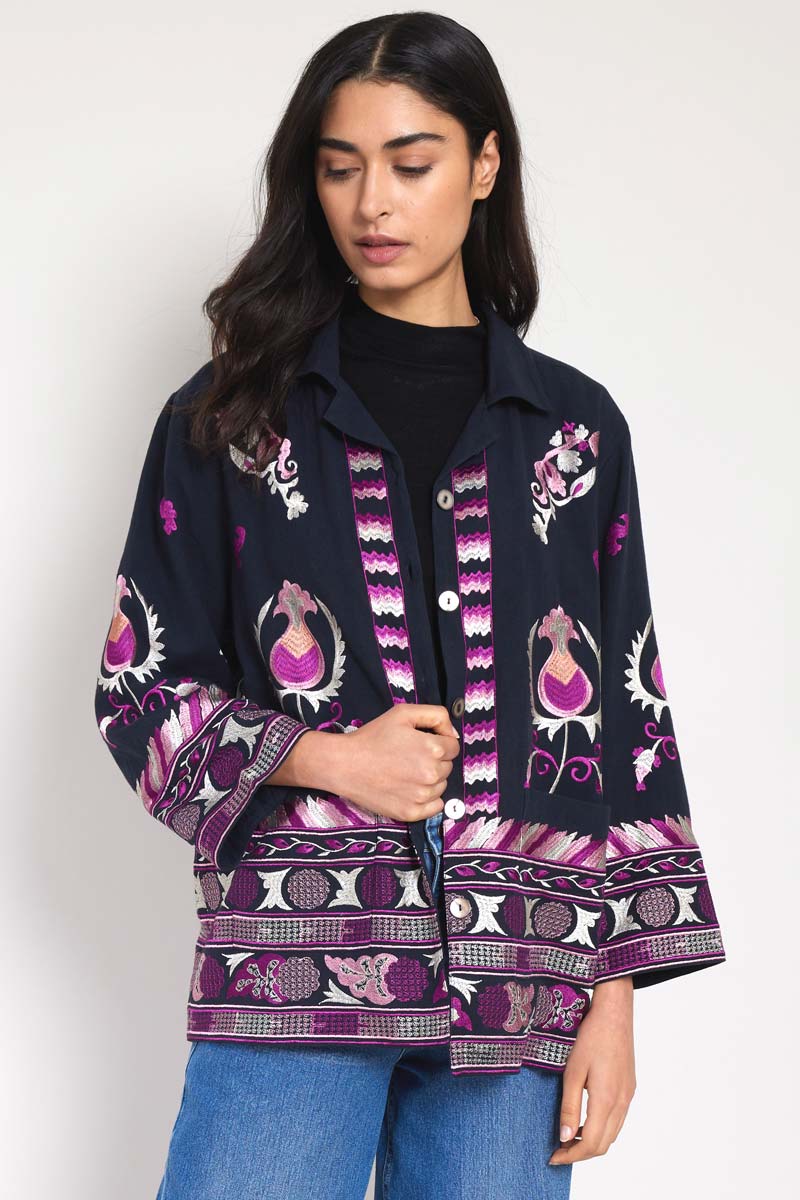 Model wears East Pratchi Embroidered Jacket