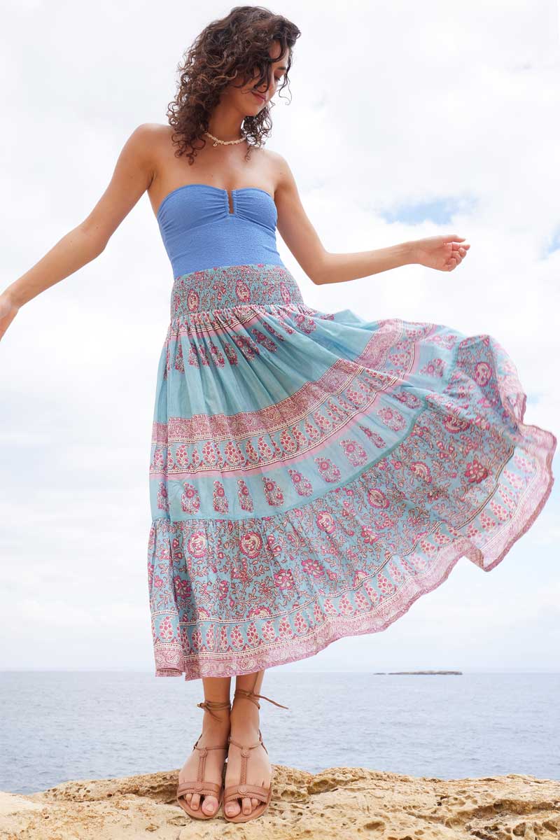 Model wears Souki Aqua BCI Cotton Skirt