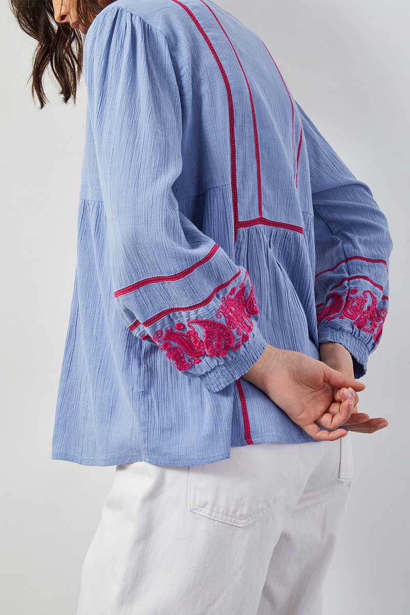 Circe Paisley Embroidered Light Blue Top