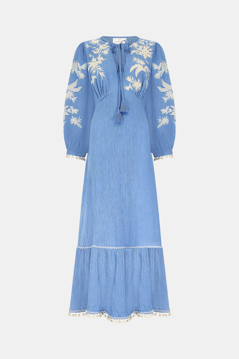 cut out image of Fern Embroidered Blue Cotton Gauze Dress