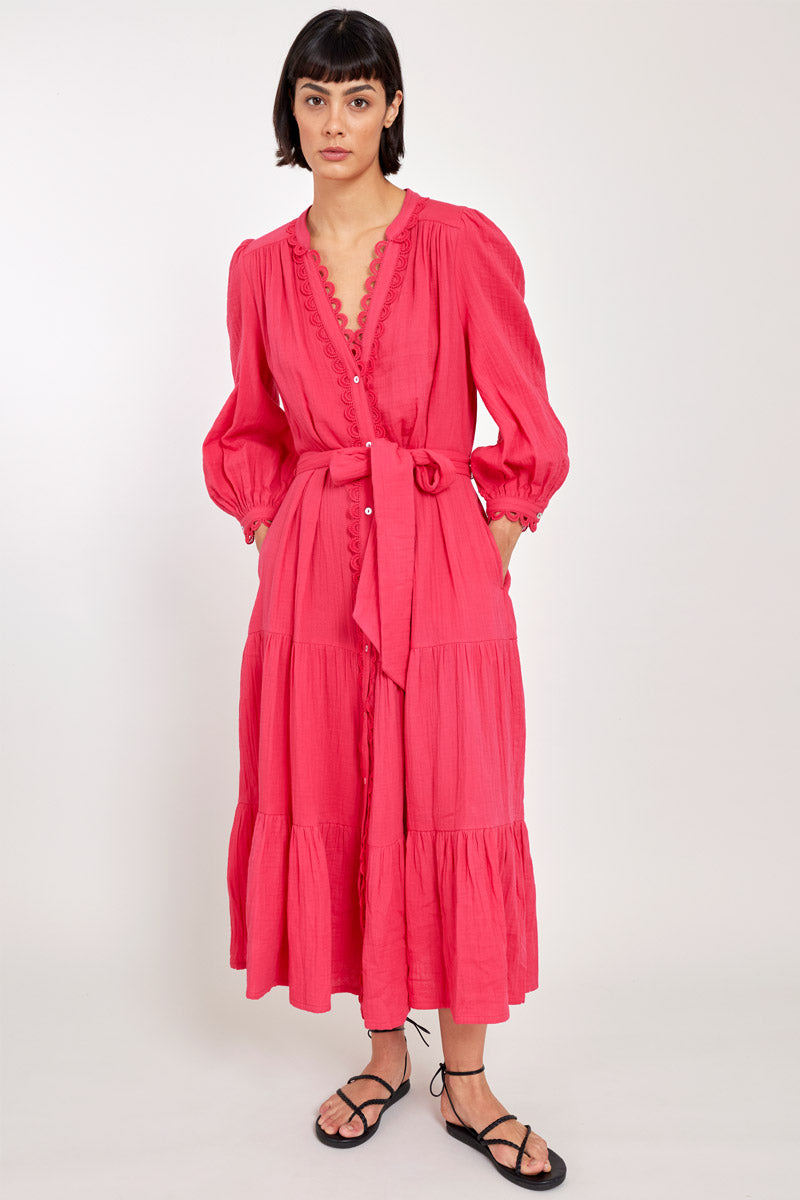 Model wears Hera Fuchsia Organic Cotton Gauze Dress