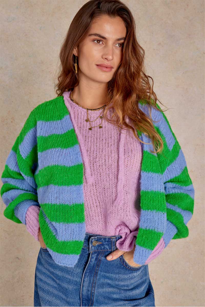 Model wears Zinnia Handknitted Stripe Alpaca Cardigan, front view
