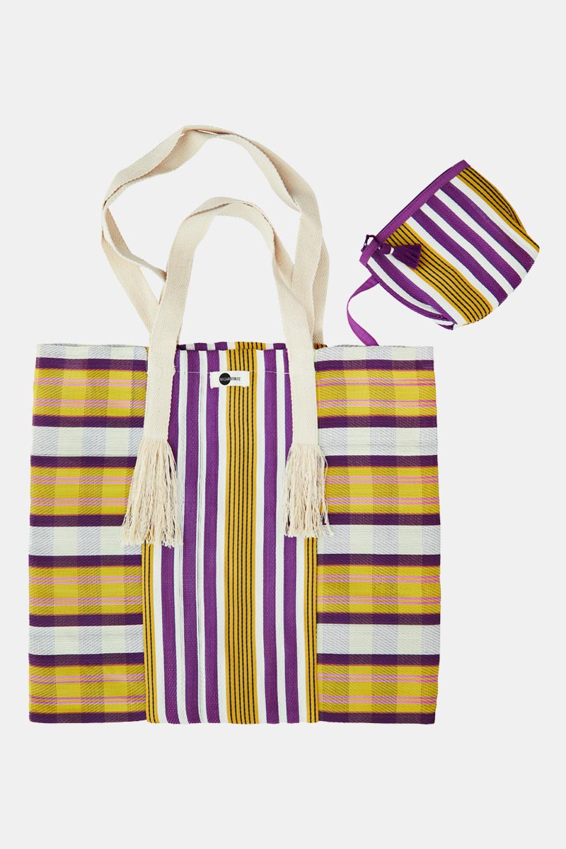 Madam Stoltz Recycled HDPE Yellow and Purple Stripe Market Bag